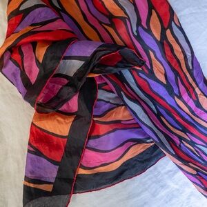 Vibrant Multicolor Silk Scarf - Purple, Red & Orange Wave Print